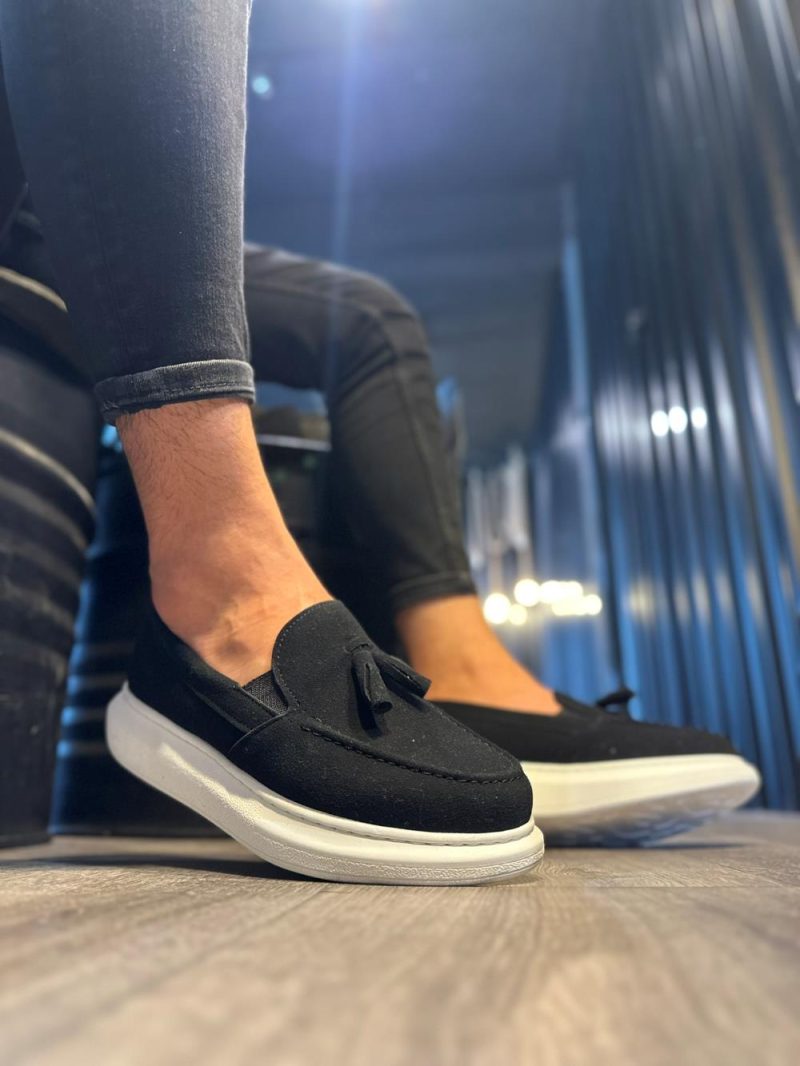 Solaress 818 Mens Sneakers, Leather Daily Shoes Black Suede White Sole - Image 4