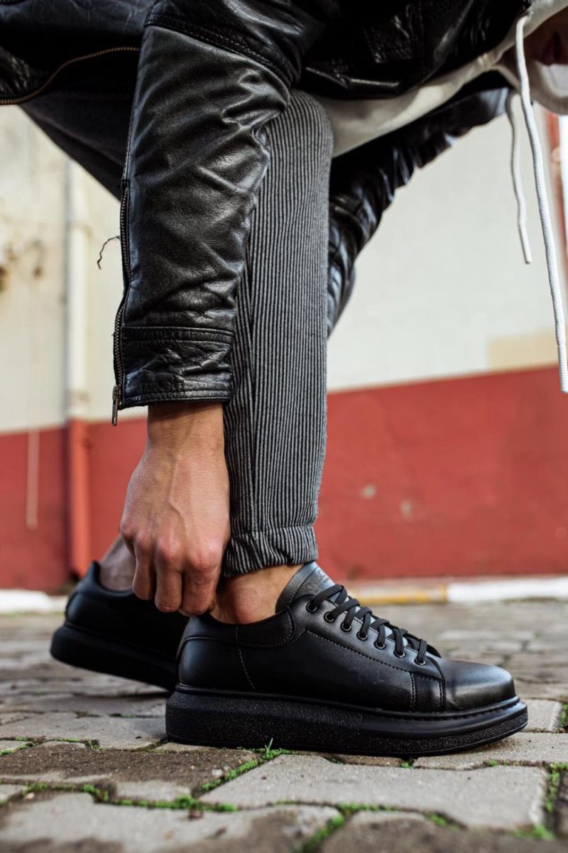 Solaress 044 Mens Sneakers, Leather Daily Shoes Black Black Sole - Image 4