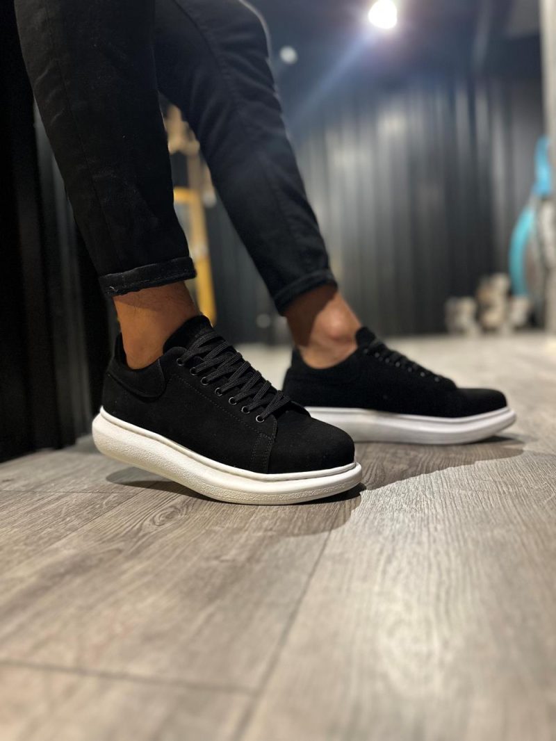 Solaress 044 Mens Sneakers, Leather Daily Shoes Black Suede White Sole - Image 2