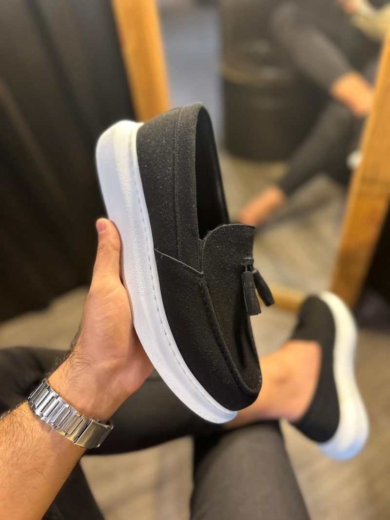 Solaress 818 Mens Sneakers, Leather Daily Shoes Black Suede White Sole