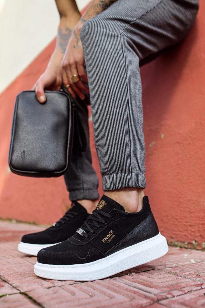 Solaress E040 Mens Sneakers, Leather Daily Shoes Black White Sole - Image 4