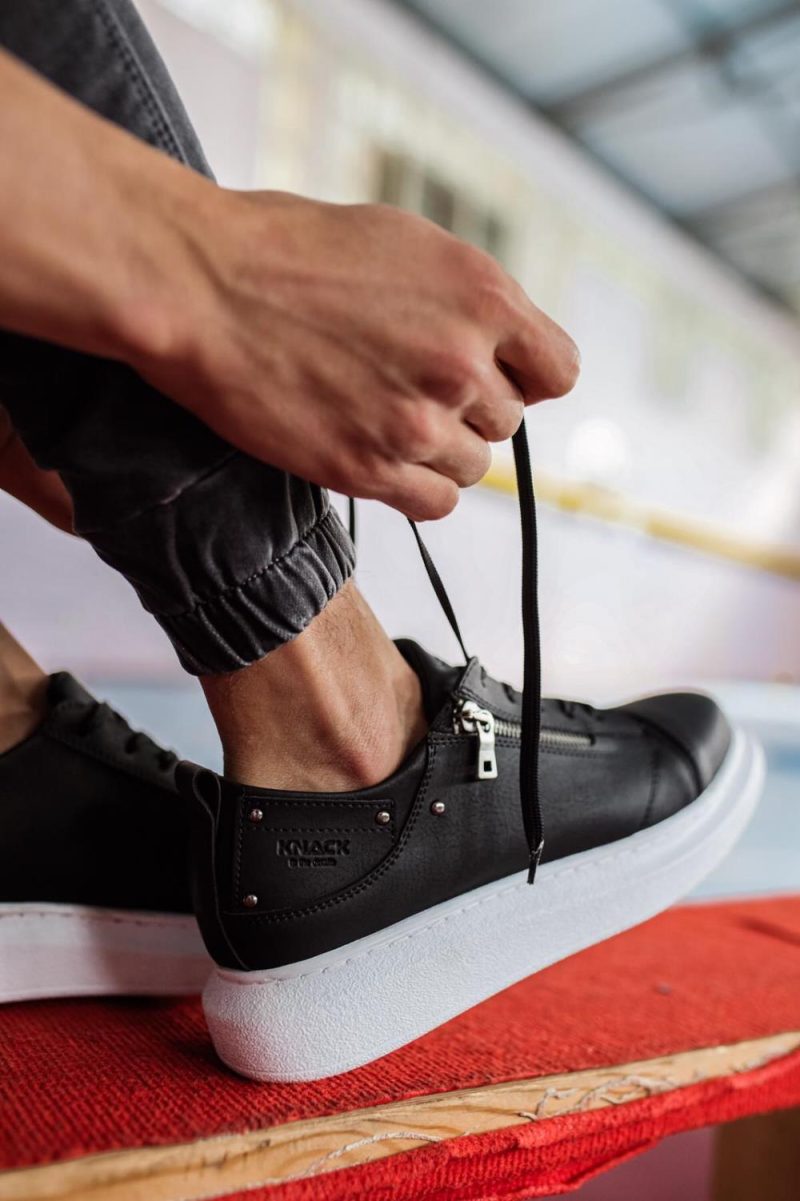 Solaress 555 Mens Sneakers, Leather Daily Shoes Black White Sole - Image 4