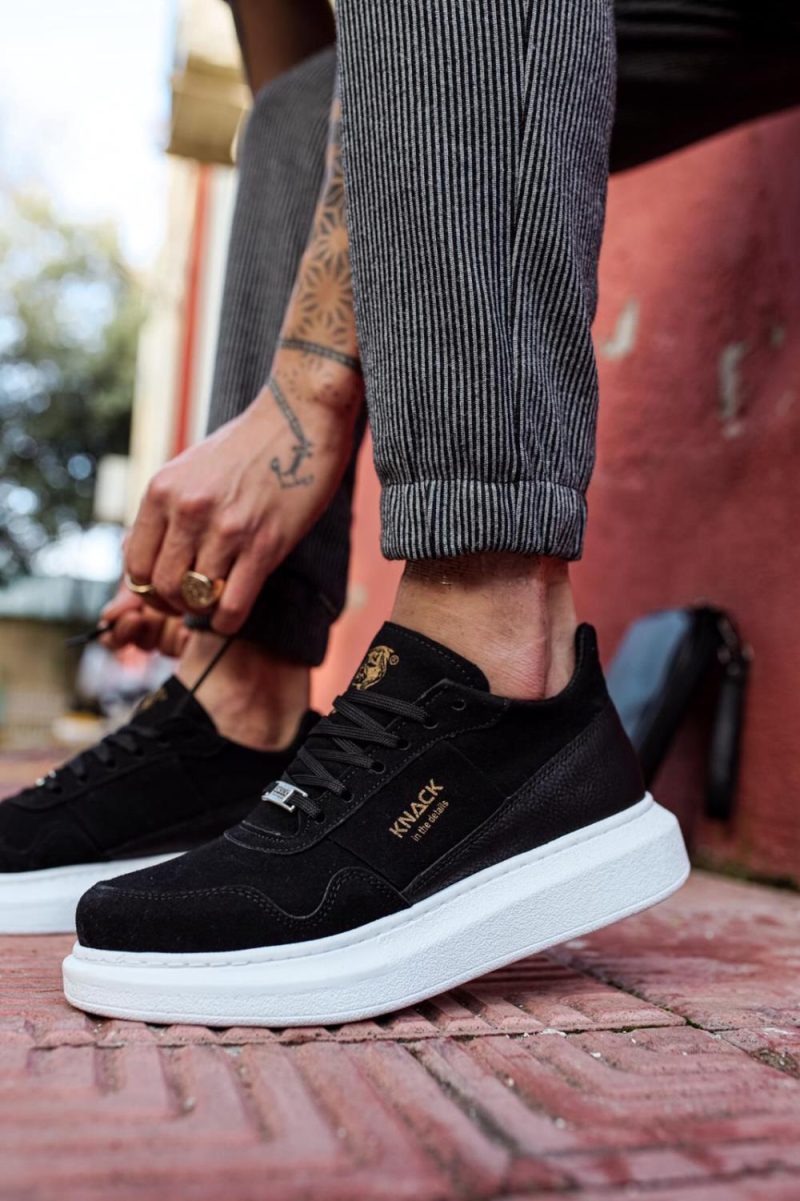 Solaress E040 Mens Sneakers, Leather Daily Shoes Black White Sole