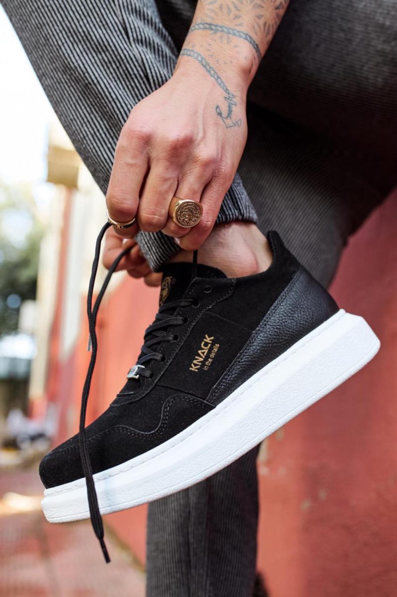 Solaress E040 Mens Sneakers, Leather Daily Shoes Black White Sole - Image 5