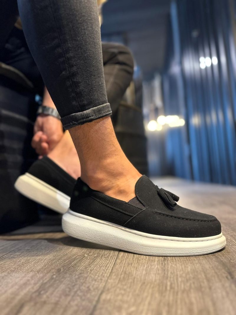 Solaress 818 Mens Sneakers, Leather Daily Shoes Black Suede White Sole - Image 3