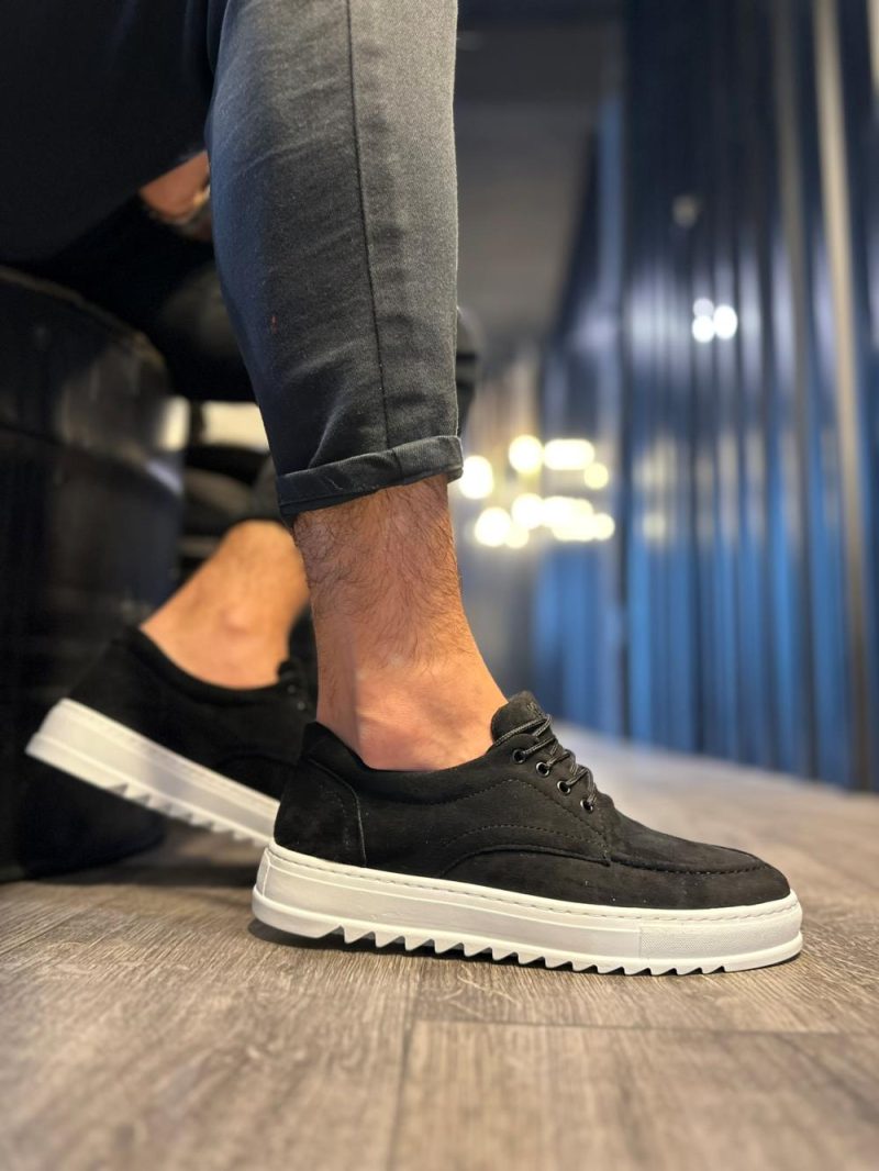 Solaress T12 Mens Sneakers, Leather Daily Shoes Black Suede White Sole - Image 4