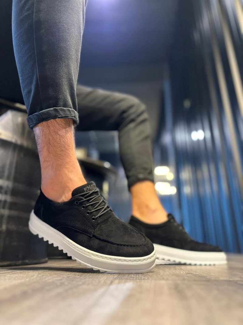 Solaress T12 Mens Sneakers, Leather Daily Shoes Black Suede White Sole - Image 3