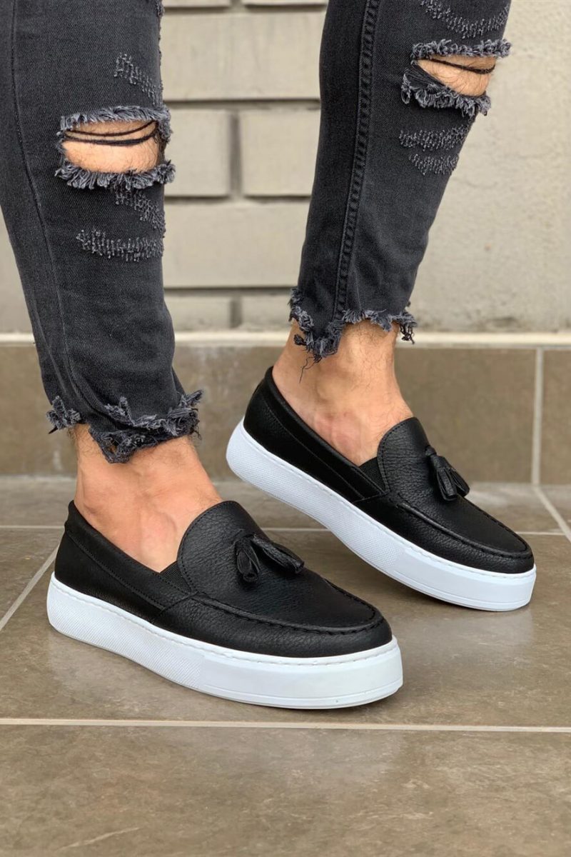 Solaress 717 Mens Sneakers, Leather Daily Shoes Black White Sole