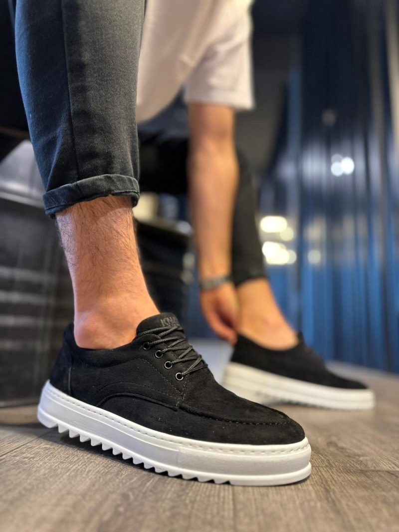 Solaress T12 Mens Sneakers, Leather Daily Shoes Black Suede White Sole