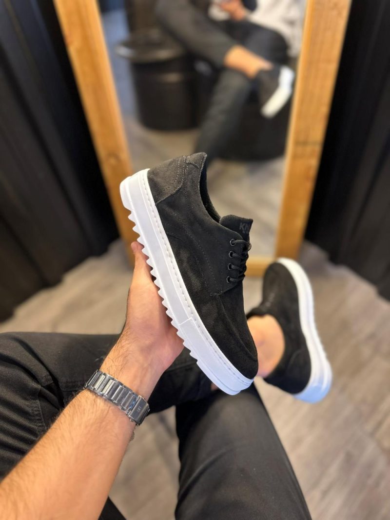 Solaress T12 Mens Sneakers, Leather Daily Shoes Black Suede White Sole - Image 2
