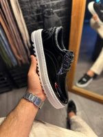 Solaress T12 Mens Sneakers, Leather Daily Shoes Black Patent Leather White Sole