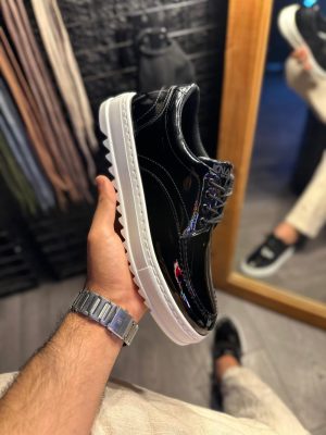 Solaress T12 Mens Sneakers, Leather Daily Shoes Black Patent Leather White Sole